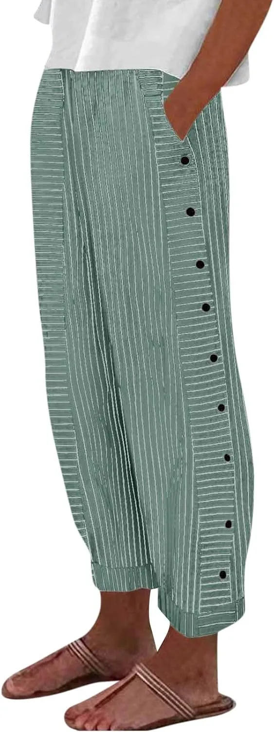 Cotton Linen Pants for Women Striped Print Side Button Pants Baggy Elastic Waist Straight Leg Trousers w Pocket