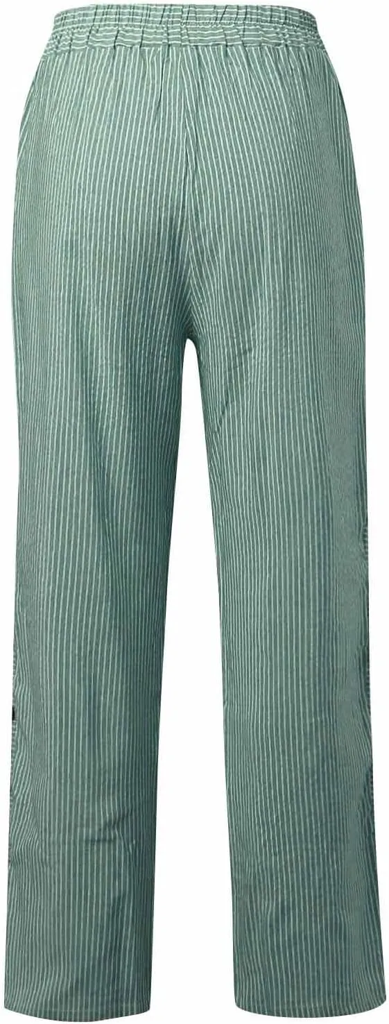 Cotton Linen Pants for Women Striped Print Side Button Pants Baggy Elastic Waist Straight Leg Trousers w Pocket