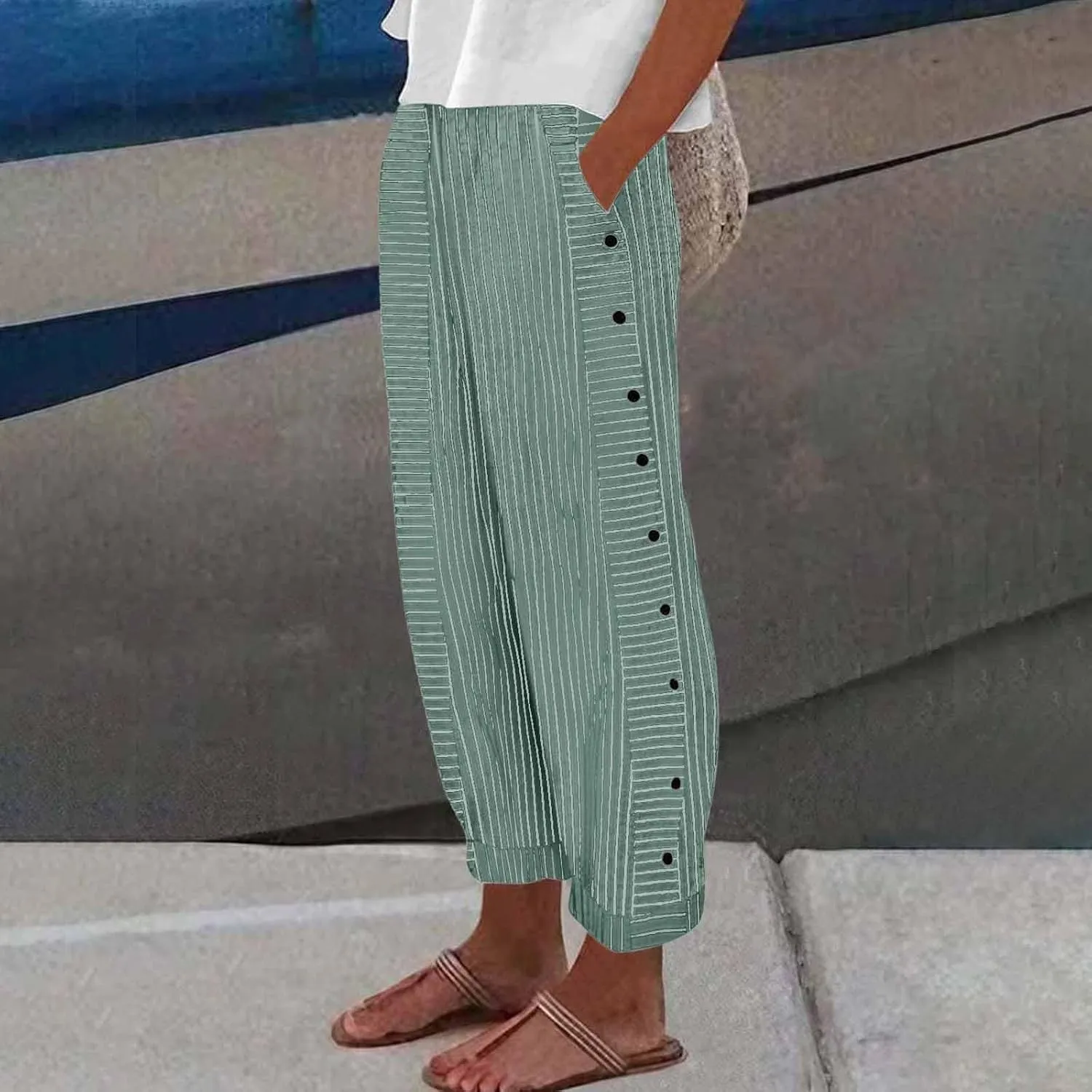 Cotton Linen Pants for Women Striped Print Side Button Pants Baggy Elastic Waist Straight Leg Trousers w Pocket