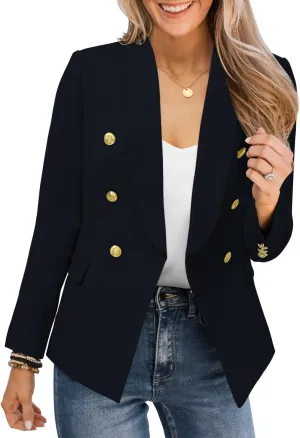 CRAZY GRID Womens Casual Blazer Jacket Gold Button Long Sleeve Work 0ffice Blazer Lapel Jacket
