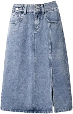 Denim Skirt Women Midi Fashion High-Waisted Vintage Summer Female Skirts