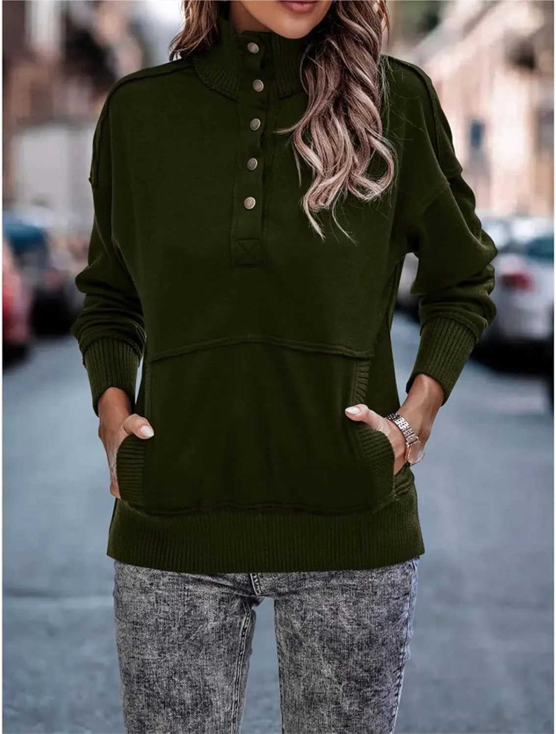 DGHM-JLMY Women's Button Fashion Street Sweater Long Sleeve Oversized Hooded Sweatshirt With Pockets Henley Hoodies Pullover