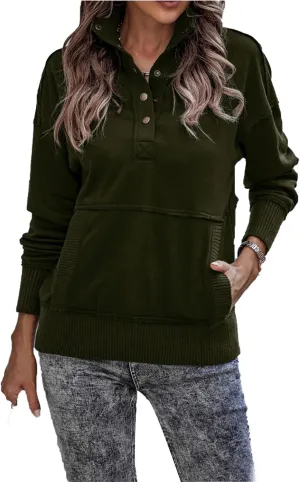 DGHM-JLMY Women's Button Fashion Street Sweater Long Sleeve Oversized Hooded Sweatshirt With Pockets Henley Hoodies Pullover