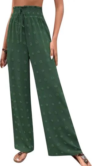 DIACACY Womens Swiss Dot Wide Leg High Waist Pants Flowy Adjustable Knot Trousers Loose Casual Pants