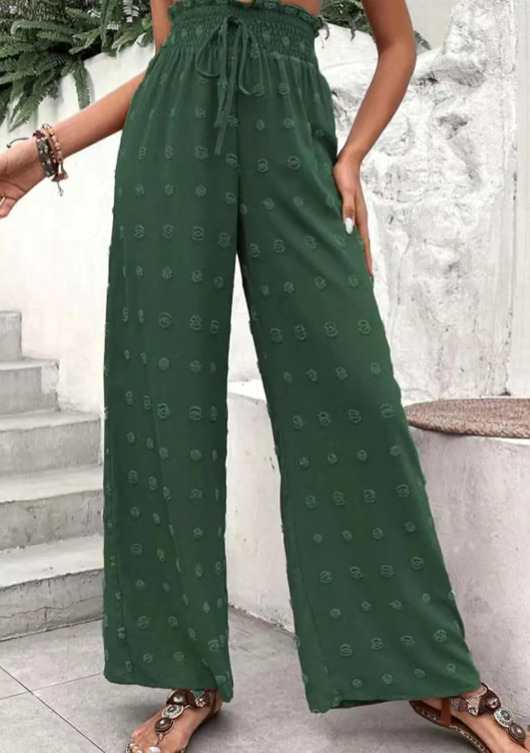 DIACACY Womens Swiss Dot Wide Leg High Waist Pants Flowy Adjustable Knot Trousers Loose Casual Pants