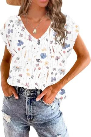 Disamer Summer Cap Sleeve Tank Tops for Women Trendy 2025 Loose Fit Basic Solid Color V Neck Short Sleeve Shirts