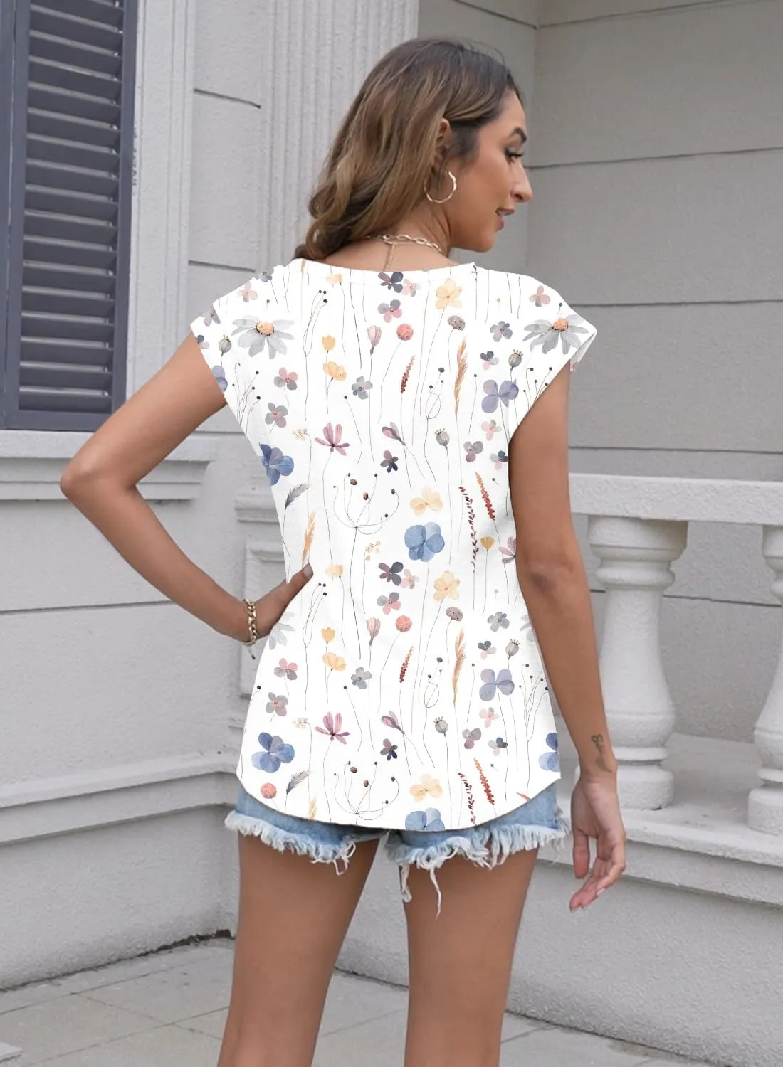 Disamer Summer Cap Sleeve Tank Tops for Women Trendy 2025 Loose Fit Basic Solid Color V Neck Short Sleeve Shirts