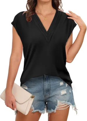 Disamer Womens Summer Tank Tops 2025 Trendy Cap Sleeve Shirts Fashion Cute Loose Fit V Neck Dressy Casual Blouses