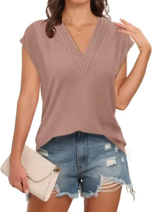 Disamer Womens Summer Tank Tops 2025 Trendy Cap Sleeve Shirts Fashion Cute Loose Fit V Neck Dressy Casual Blouses