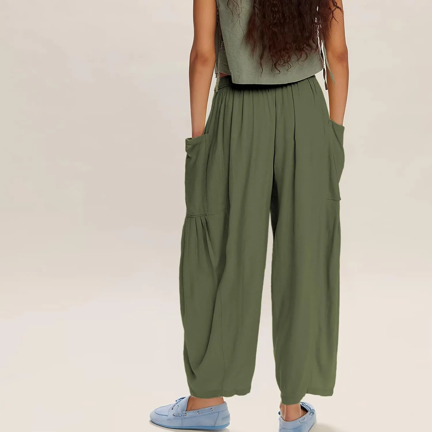 Duyang Women Linen Wide Leg Pants Casual Summer Palazzo Pants Beach Vacation Outfits Flowy Loose Trousers with Pockets