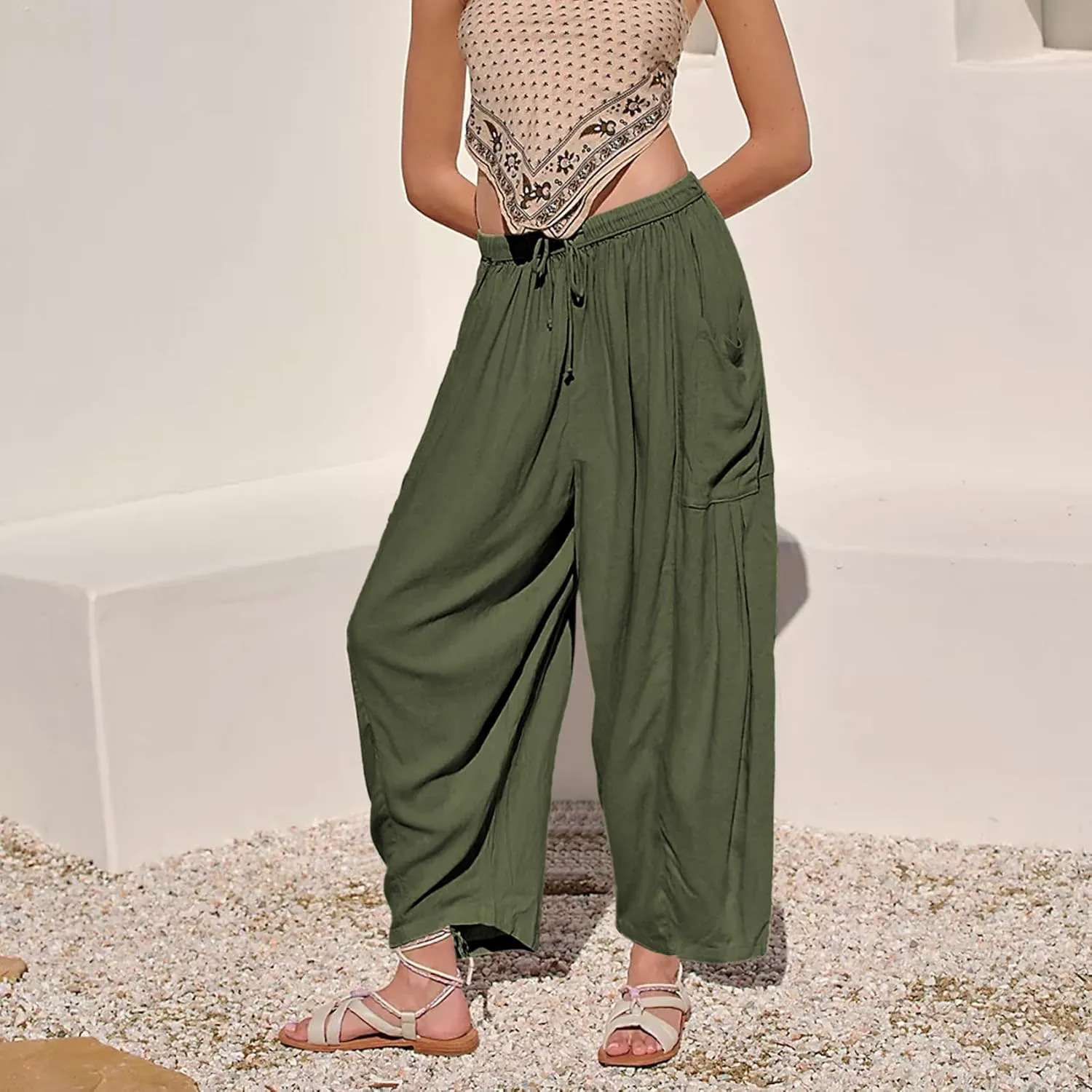 Duyang Women Linen Wide Leg Pants Casual Summer Palazzo Pants Beach Vacation Outfits Flowy Loose Trousers with Pockets