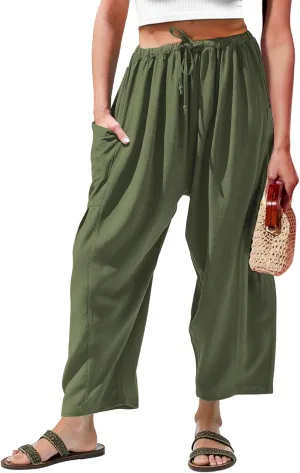 Duyang Women Linen Wide Leg Pants Casual Summer Palazzo Pants Beach Vacation Outfits Flowy Loose Trousers with Pockets