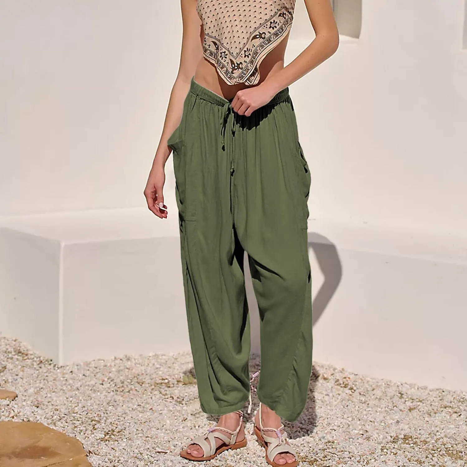 Duyang Women Linen Wide Leg Pants Casual Summer Palazzo Pants Beach Vacation Outfits Flowy Loose Trousers with Pockets