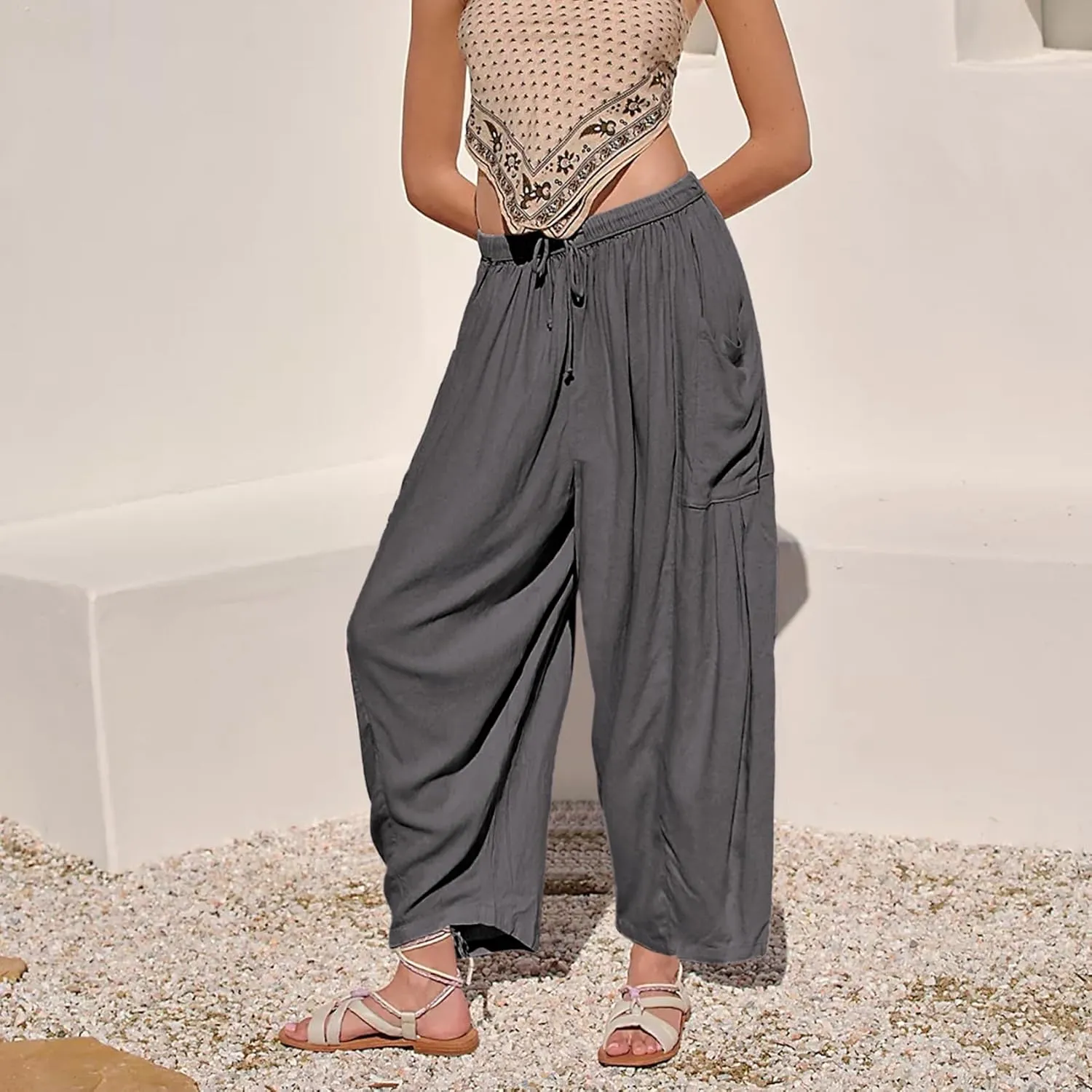 Duyang Women Linen Wide Leg Pants Casual Summer Palazzo Pants Beach Vacation Outfits Flowy Loose Trousers with Pockets