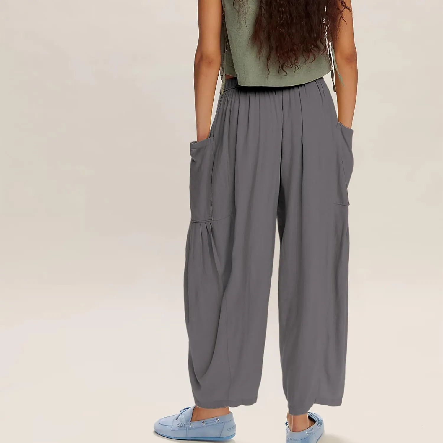 Duyang Women Linen Wide Leg Pants Casual Summer Palazzo Pants Beach Vacation Outfits Flowy Loose Trousers with Pockets