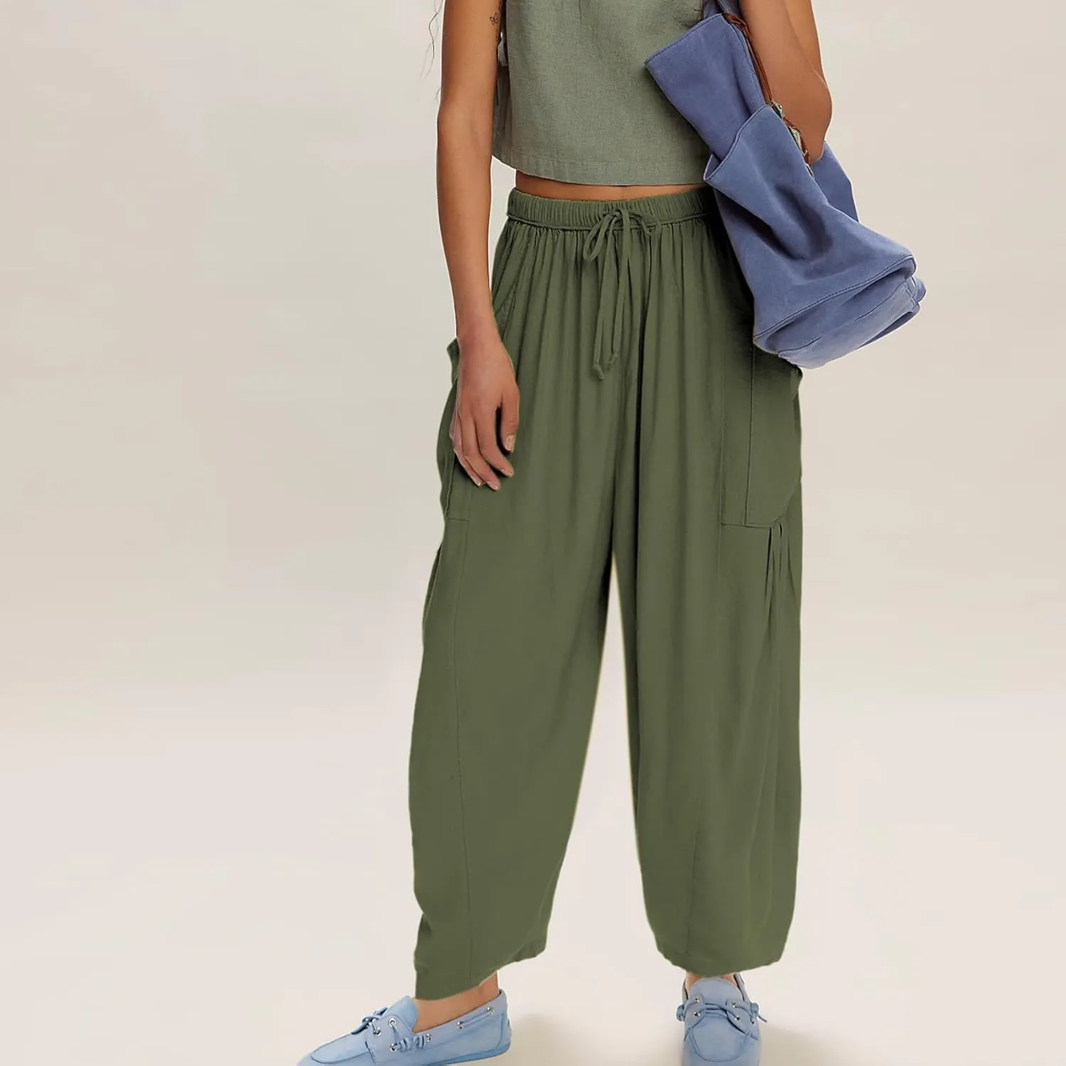 Duyang Women Linen Wide Leg Pants Casual Summer Palazzo Pants Beach Vacation Outfits Flowy Loose Trousers with Pockets