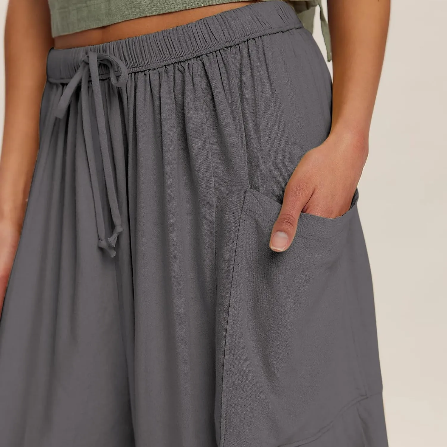 Duyang Women Linen Wide Leg Pants Casual Summer Palazzo Pants Beach Vacation Outfits Flowy Loose Trousers with Pockets