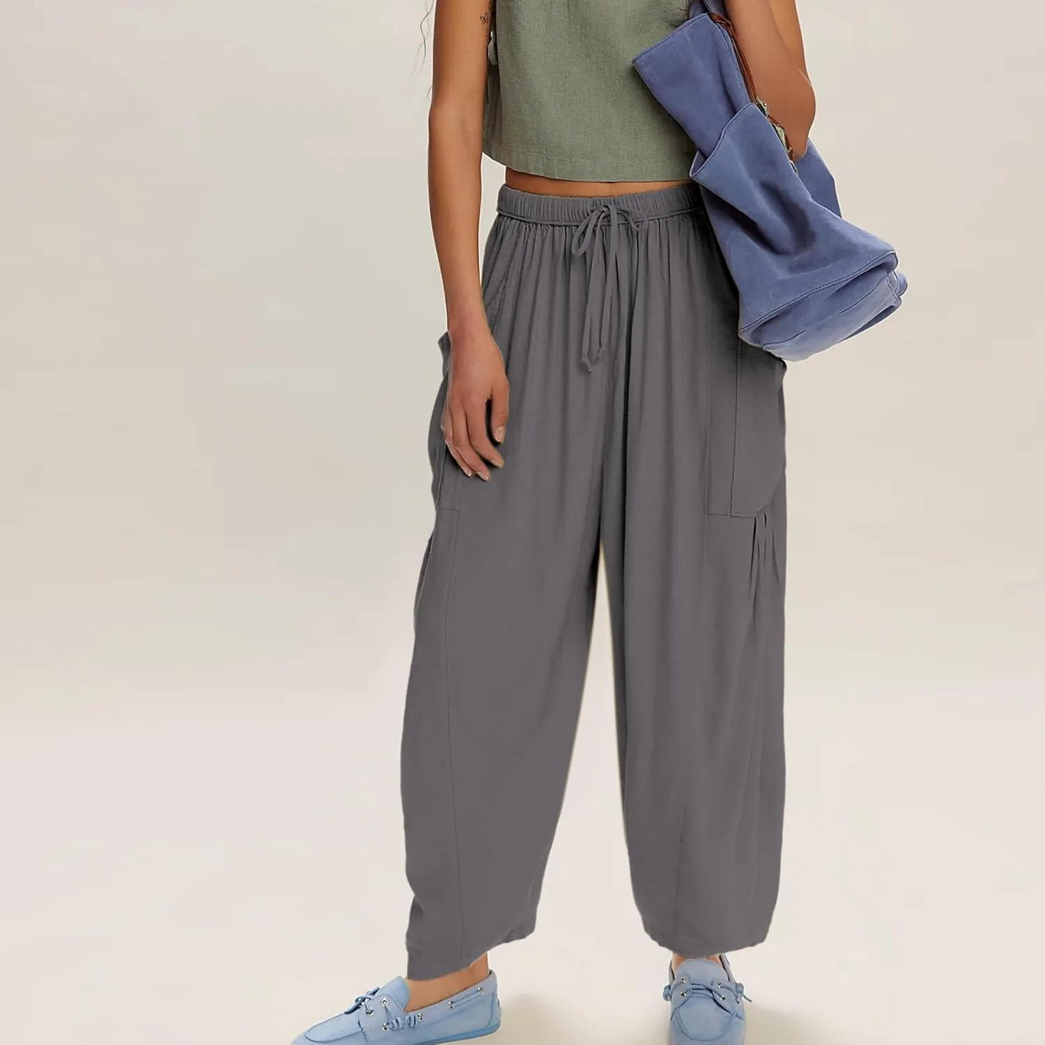 Duyang Women Linen Wide Leg Pants Casual Summer Palazzo Pants Beach Vacation Outfits Flowy Loose Trousers with Pockets