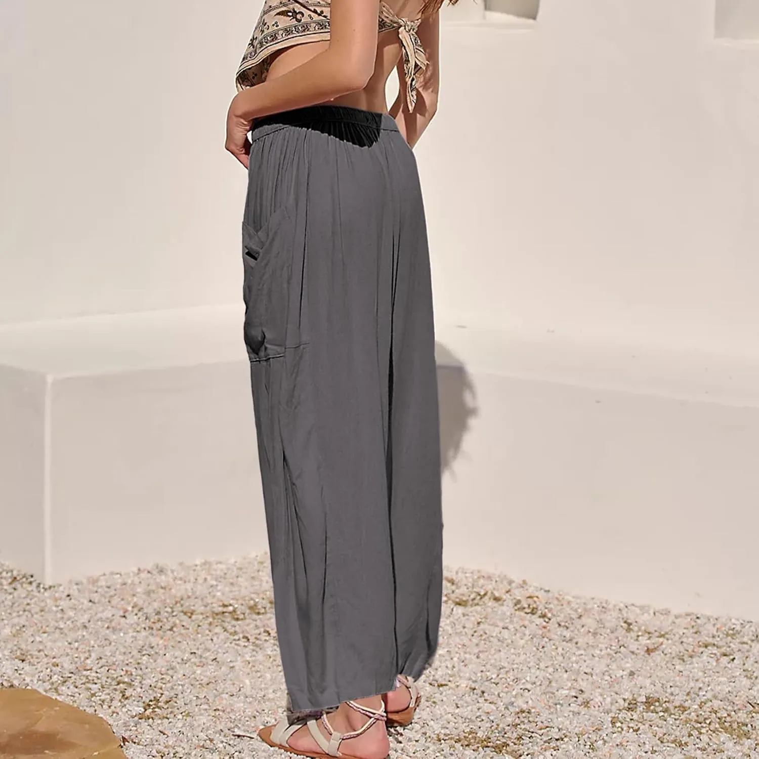 Duyang Women Linen Wide Leg Pants Casual Summer Palazzo Pants Beach Vacation Outfits Flowy Loose Trousers with Pockets