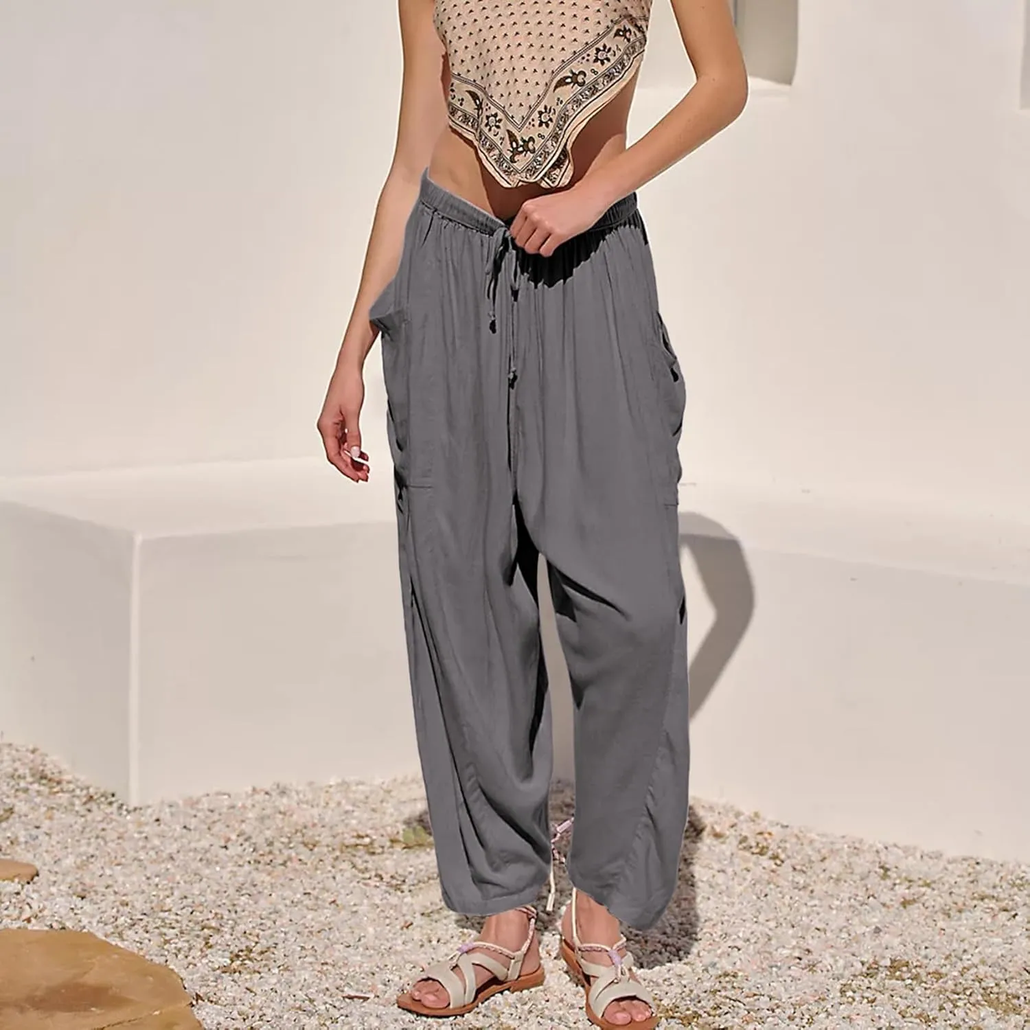 Duyang Women Linen Wide Leg Pants Casual Summer Palazzo Pants Beach Vacation Outfits Flowy Loose Trousers with Pockets