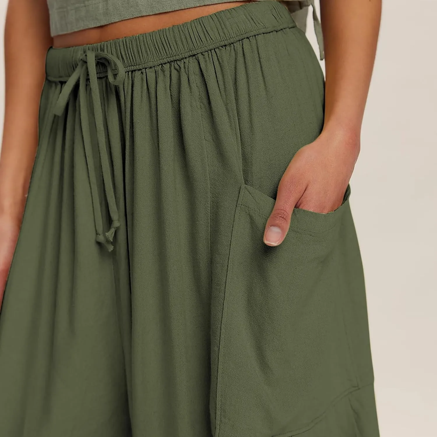 Duyang Women Linen Wide Leg Pants Casual Summer Palazzo Pants Beach Vacation Outfits Flowy Loose Trousers with Pockets