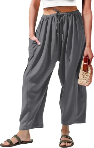 Duyang Women Linen Wide Leg Pants Casual Summer Palazzo Pants Beach Vacation Outfits Flowy Loose Trousers with Pockets