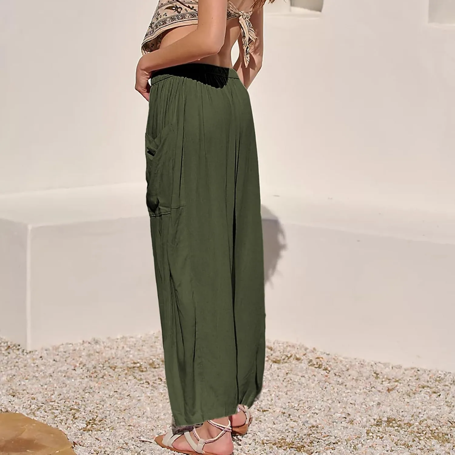 Duyang Women Linen Wide Leg Pants Casual Summer Palazzo Pants Beach Vacation Outfits Flowy Loose Trousers with Pockets