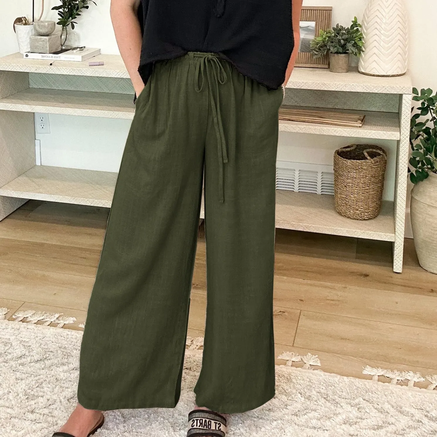 Duyang Womens Cotton Linen Palazzo Pants Drawstring Elastic Waist Casual Wide Leg Trousers with Pockets