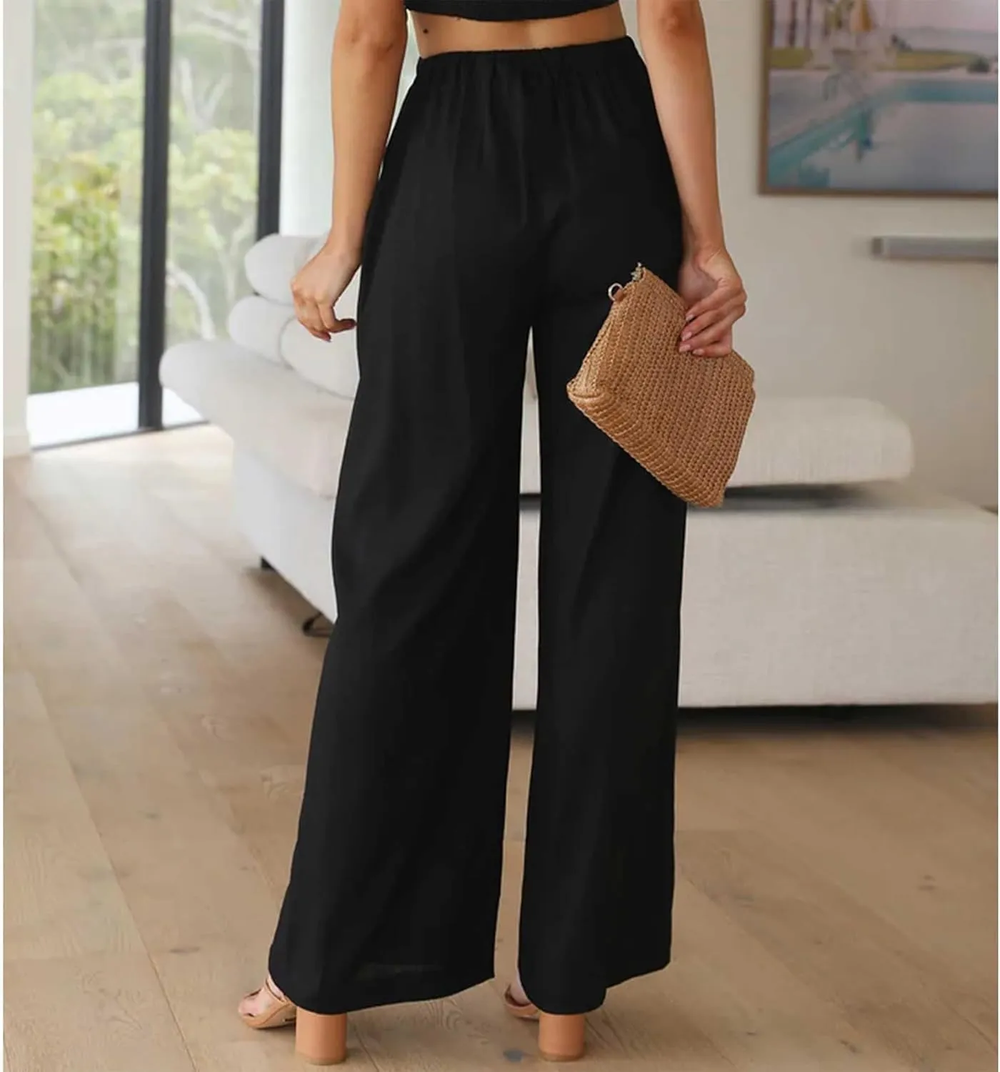 Duyang Womens Cotton Linen Palazzo Pants Drawstring Elastic Waist Casual Wide Leg Trousers with Pockets