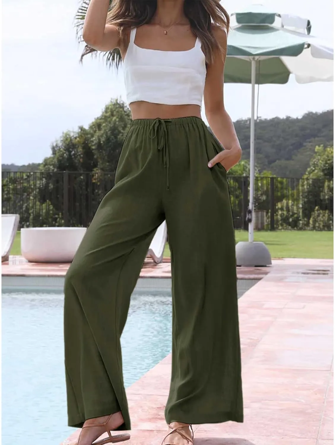 Duyang Womens Cotton Linen Palazzo Pants Drawstring Elastic Waist Casual Wide Leg Trousers with Pockets