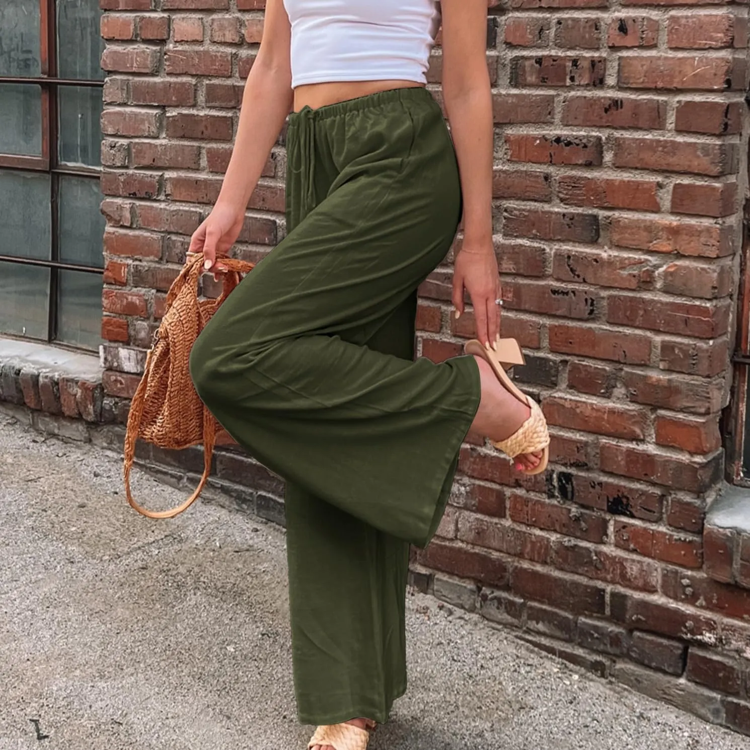 Duyang Womens Cotton Linen Palazzo Pants Drawstring Elastic Waist Casual Wide Leg Trousers with Pockets