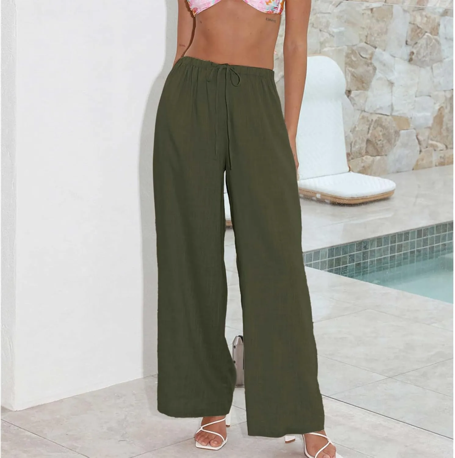 Duyang Womens Cotton Linen Palazzo Pants Drawstring Elastic Waist Casual Wide Leg Trousers with Pockets