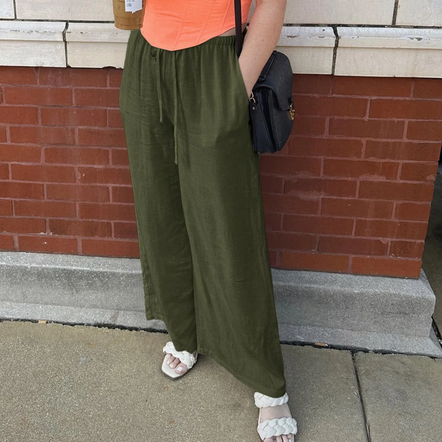 Duyang Womens Cotton Linen Palazzo Pants Drawstring Elastic Waist Casual Wide Leg Trousers with Pockets