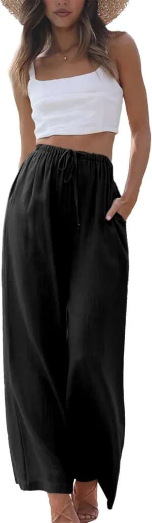 Duyang Womens Cotton Linen Palazzo Pants Drawstring Elastic Waist Casual Wide Leg Trousers with Pockets