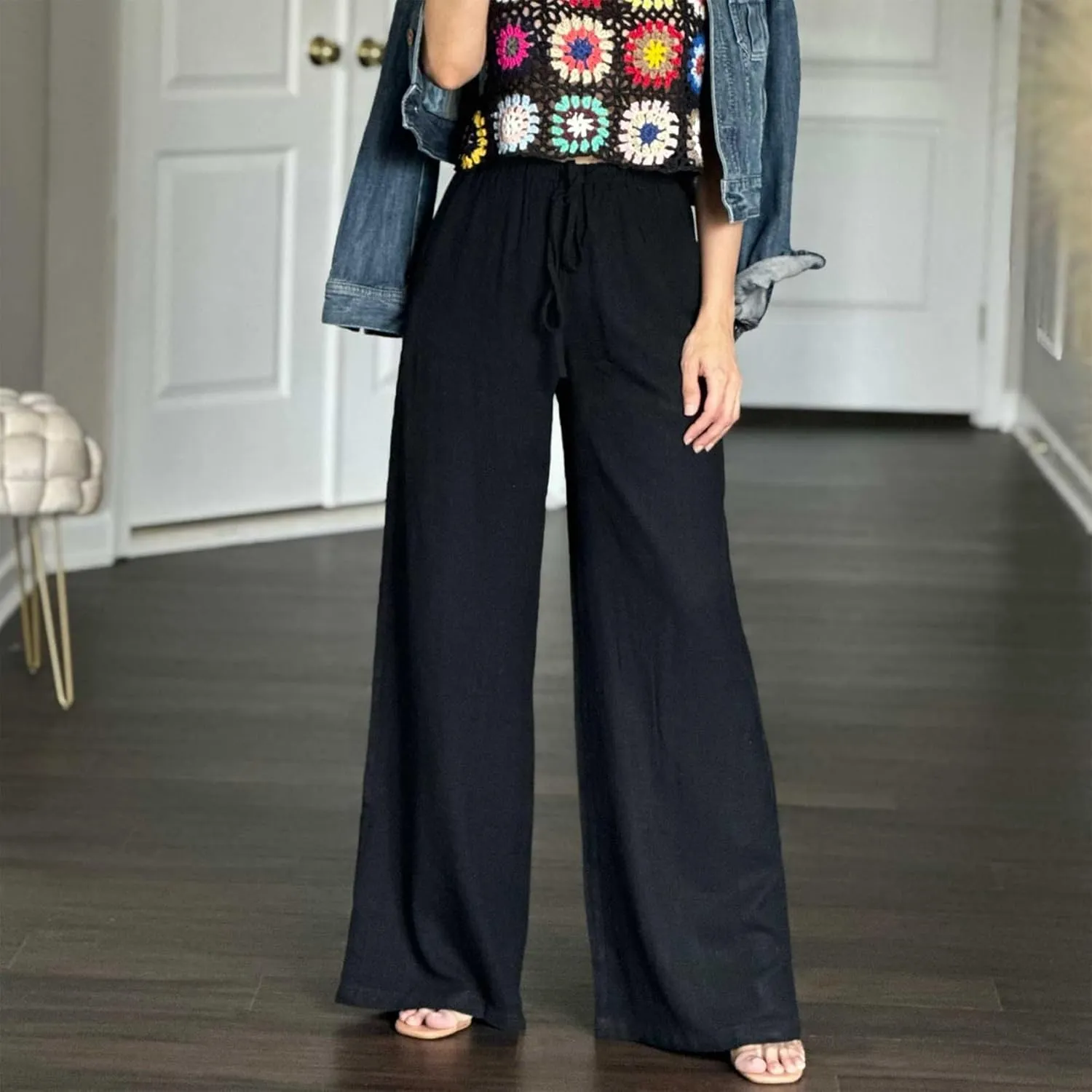 Duyang Womens Cotton Linen Palazzo Pants Drawstring Elastic Waist Casual Wide Leg Trousers with Pockets