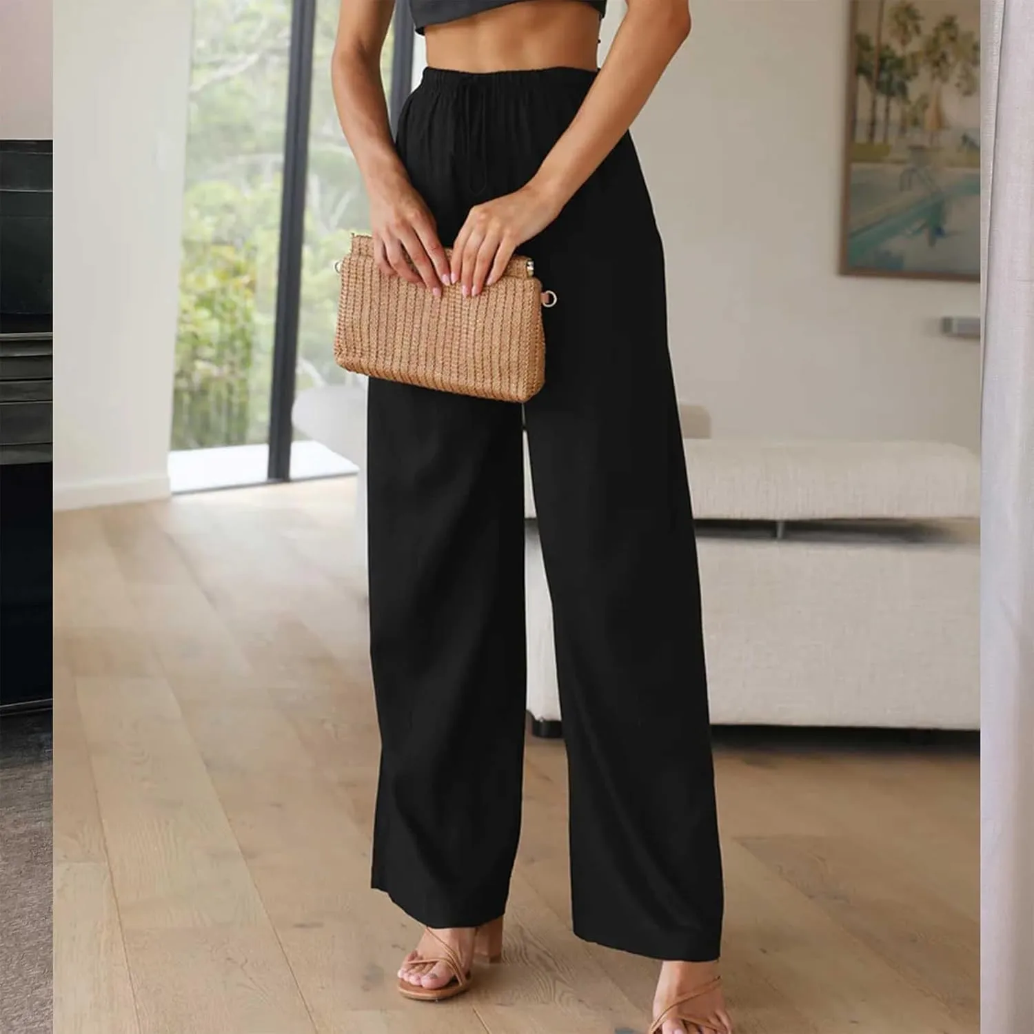 Duyang Womens Cotton Linen Palazzo Pants Drawstring Elastic Waist Casual Wide Leg Trousers with Pockets
