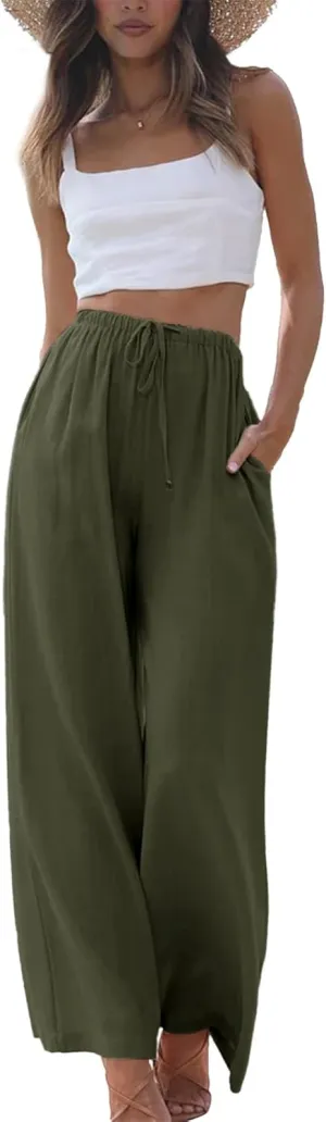 Duyang Womens Cotton Linen Palazzo Pants Drawstring Elastic Waist Casual Wide Leg Trousers with Pockets