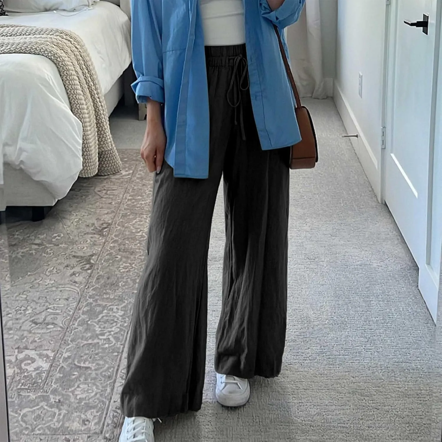 Duyang Womens Cotton Linen Palazzo Pants Drawstring Elastic Waist Casual Wide Leg Trousers with Pockets