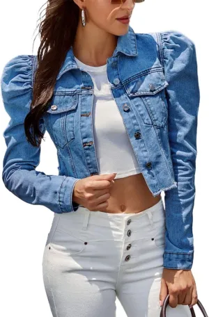 ebossy Women's Sexy Puff Sleeve Frayed Hem Button Up Crop Denim Jean Jacket