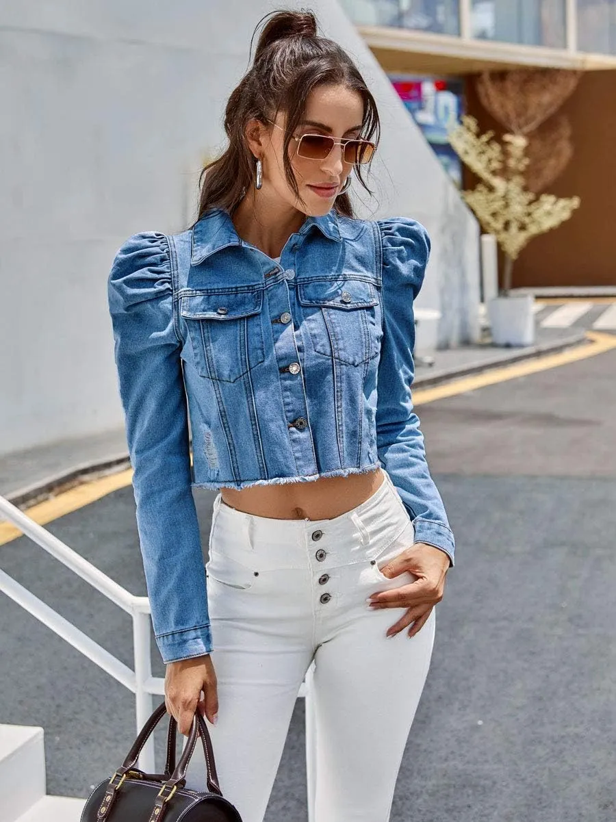 ebossy Women's Sexy Puff Sleeve Frayed Hem Button Up Crop Denim Jean Jacket