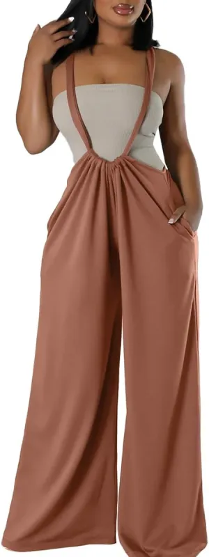 ECHOINE Women's Casual Sleeveless Jumpsuit Overalls Adjustable Strap Baggy Wide Leg Pants with Pockets