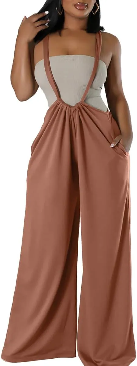 ECHOINE Women's Casual Sleeveless Jumpsuit Overalls Adjustable Strap Baggy Wide Leg Pants with Pockets