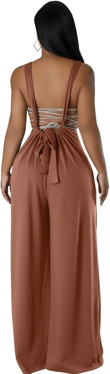 ECHOINE Women's Casual Sleeveless Jumpsuit Overalls Adjustable Strap Baggy Wide Leg Pants with Pockets