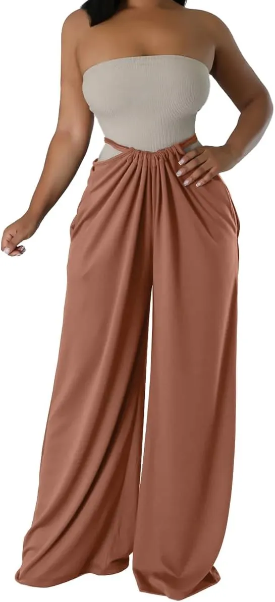 ECHOINE Women's Casual Sleeveless Jumpsuit Overalls Adjustable Strap Baggy Wide Leg Pants with Pockets