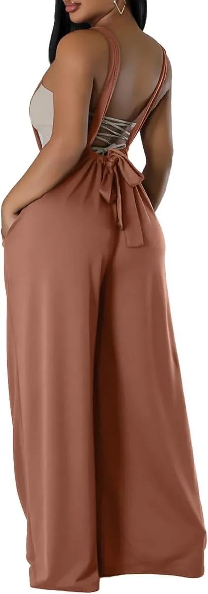 ECHOINE Women's Casual Sleeveless Jumpsuit Overalls Adjustable Strap Baggy Wide Leg Pants with Pockets
