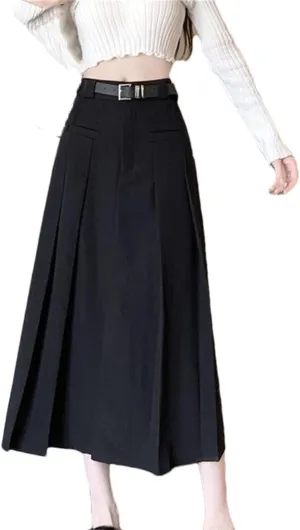 Elegant Pleated Skirts Women Autumn High Waist A-Line Midi Skirt Suit Long Skirts