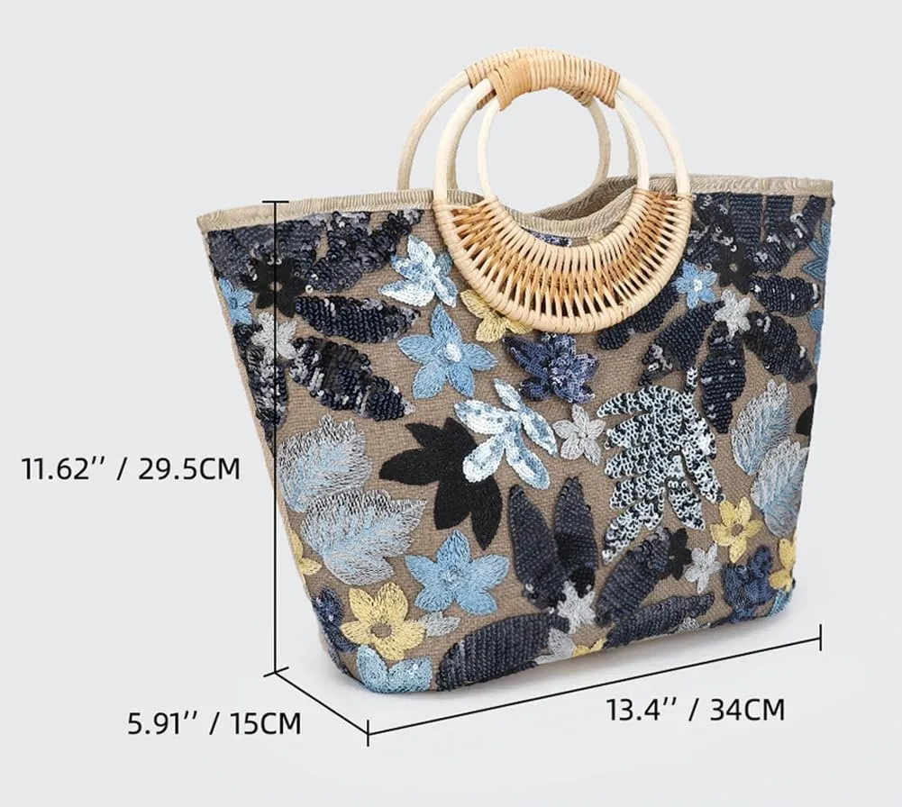 Embroidery Tote Bag for Women Sequin Evening Clutch Purse Woven Hobo Purses Handbags Large Beach Bags for Summer