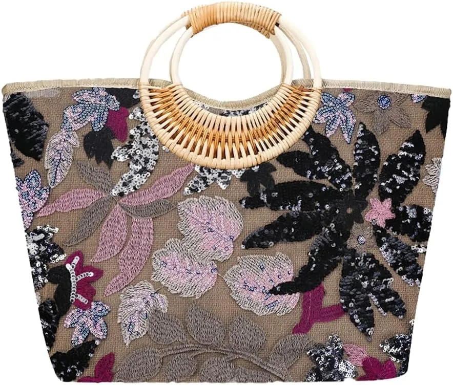 Embroidery Tote Bag for Women Sequin Evening Clutch Purse Woven Hobo Purses Handbags Large Beach Bags for Summer