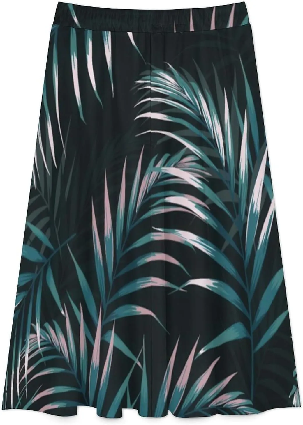 Esthetic Tropical Leaves Printed Midi Skirt High Elastic Waist Ruffle Swing Spring Skirt