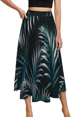 Esthetic Tropical Leaves Printed Midi Skirt High Elastic Waist Ruffle Swing Spring Skirt
